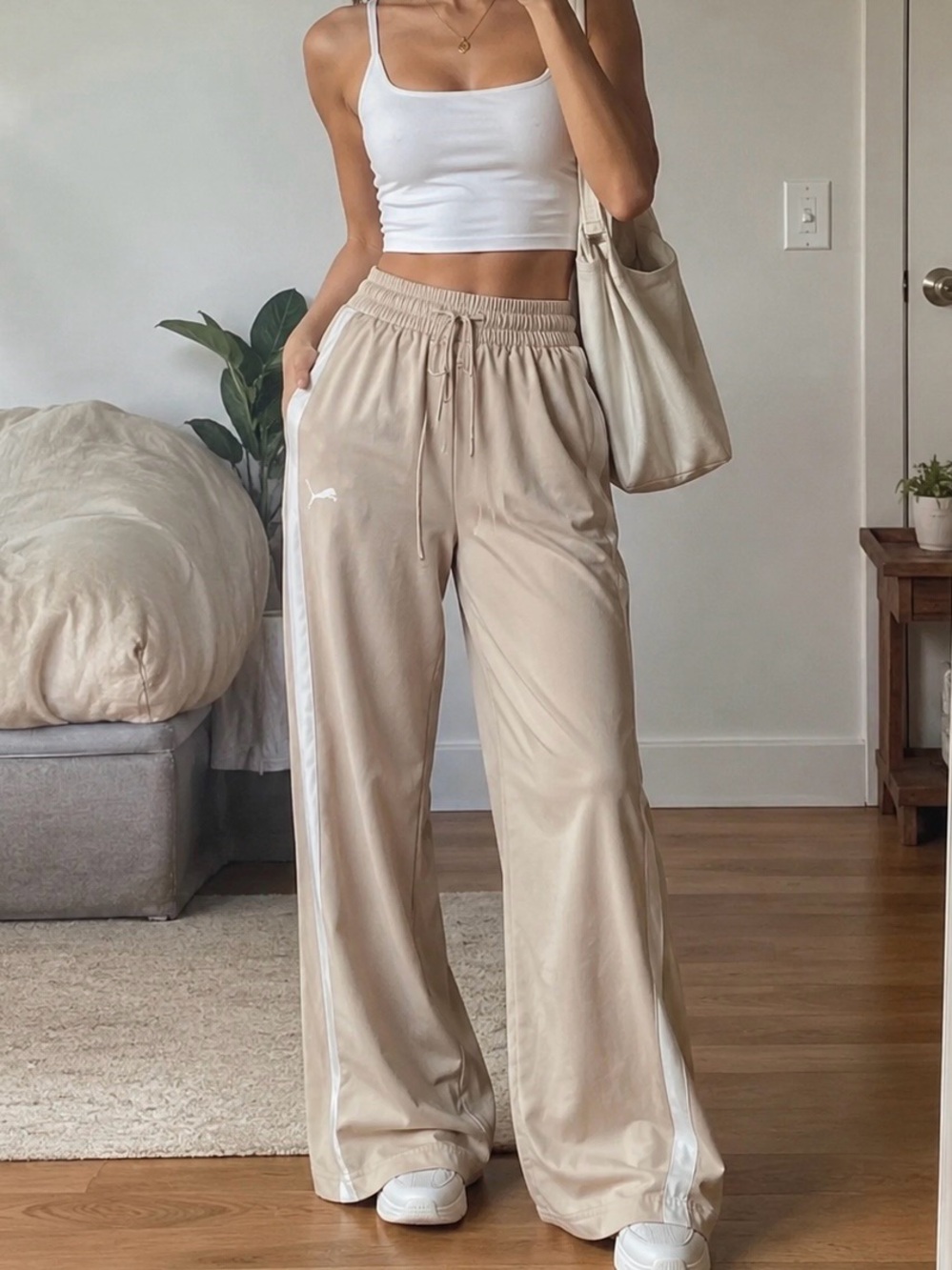 Puma Beige Wide-Leg Track Pants with White Side Stripes